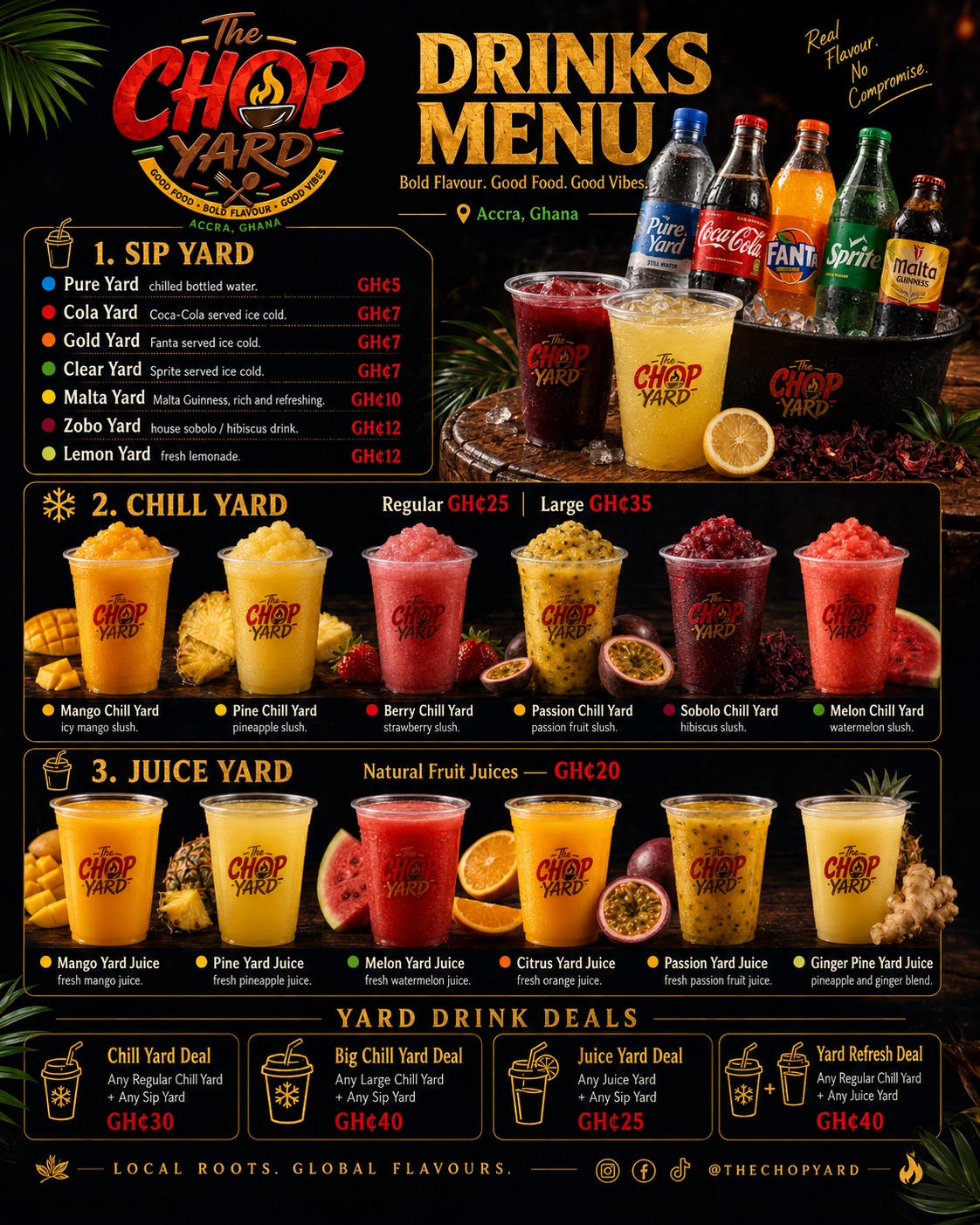 The ChopYard drinks menu with bottled drinks, slushies, fruit juices, and drink deals