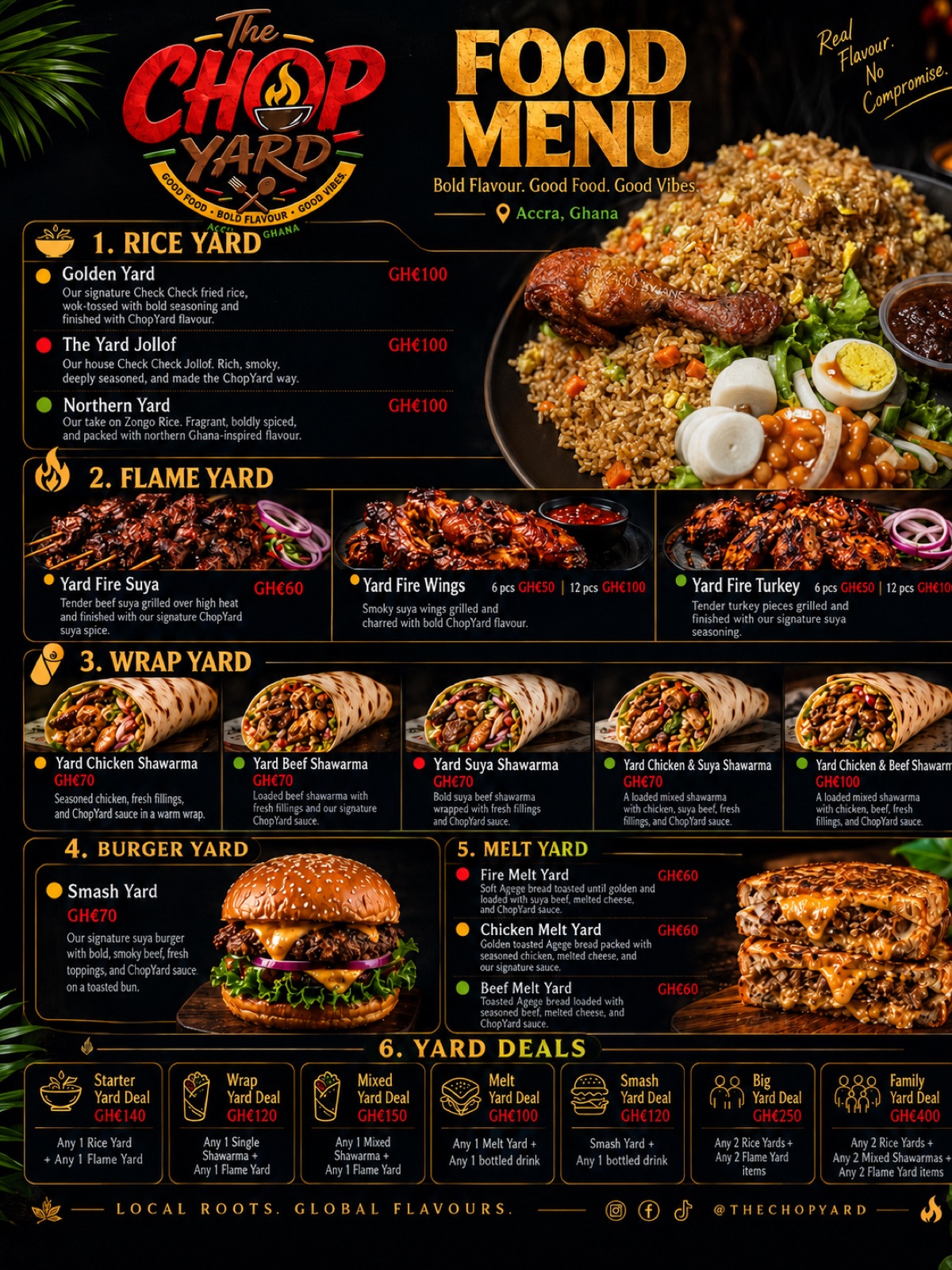 The ChopYard food menu with Rice Yard, Flame Yard, Wrap Yard, Burger Yard, Melt Yard, and Yard Deals with confirmed prices