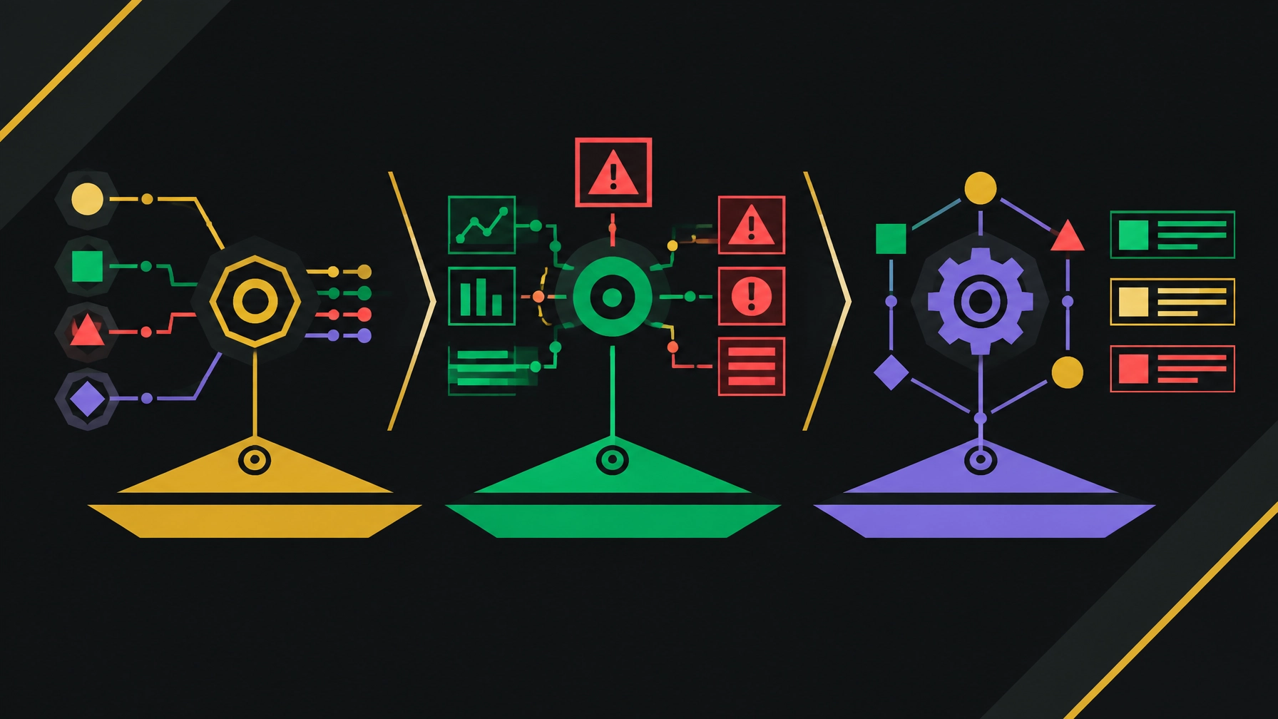 Flat vector illustration of a three-stage AI operations framework: instrument, investigate, and operate