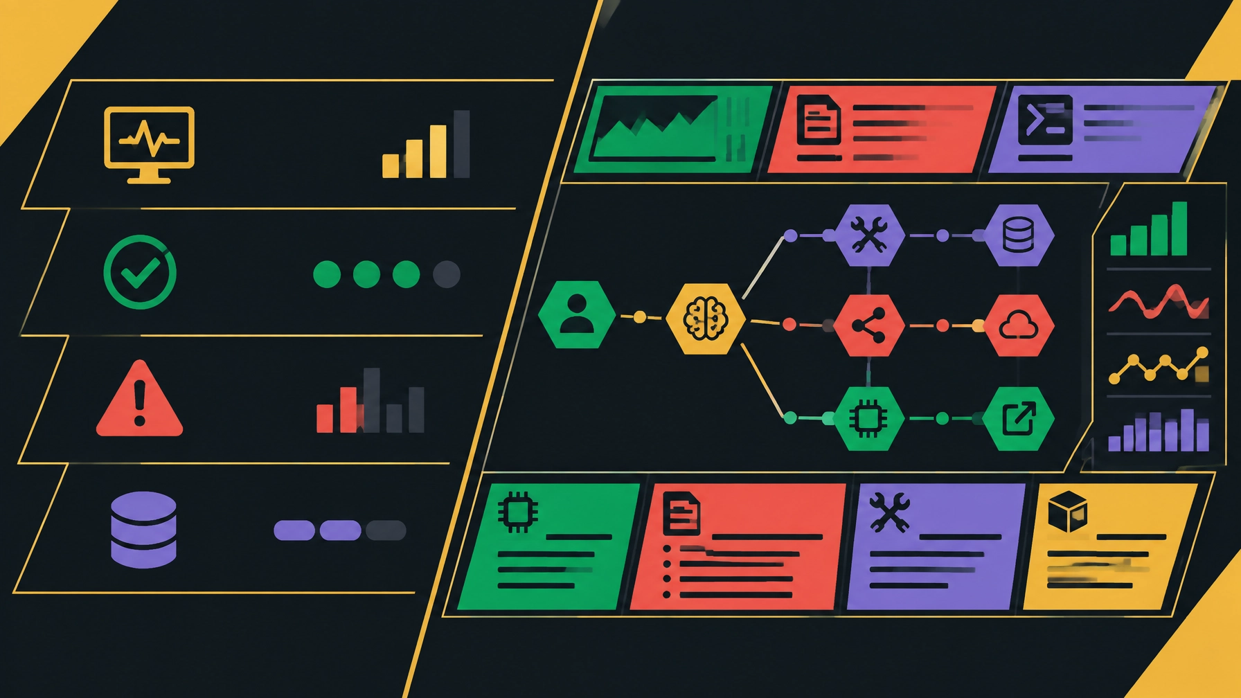 Flat vector illustration contrasting isolated monitoring signals with a connected observability trace map